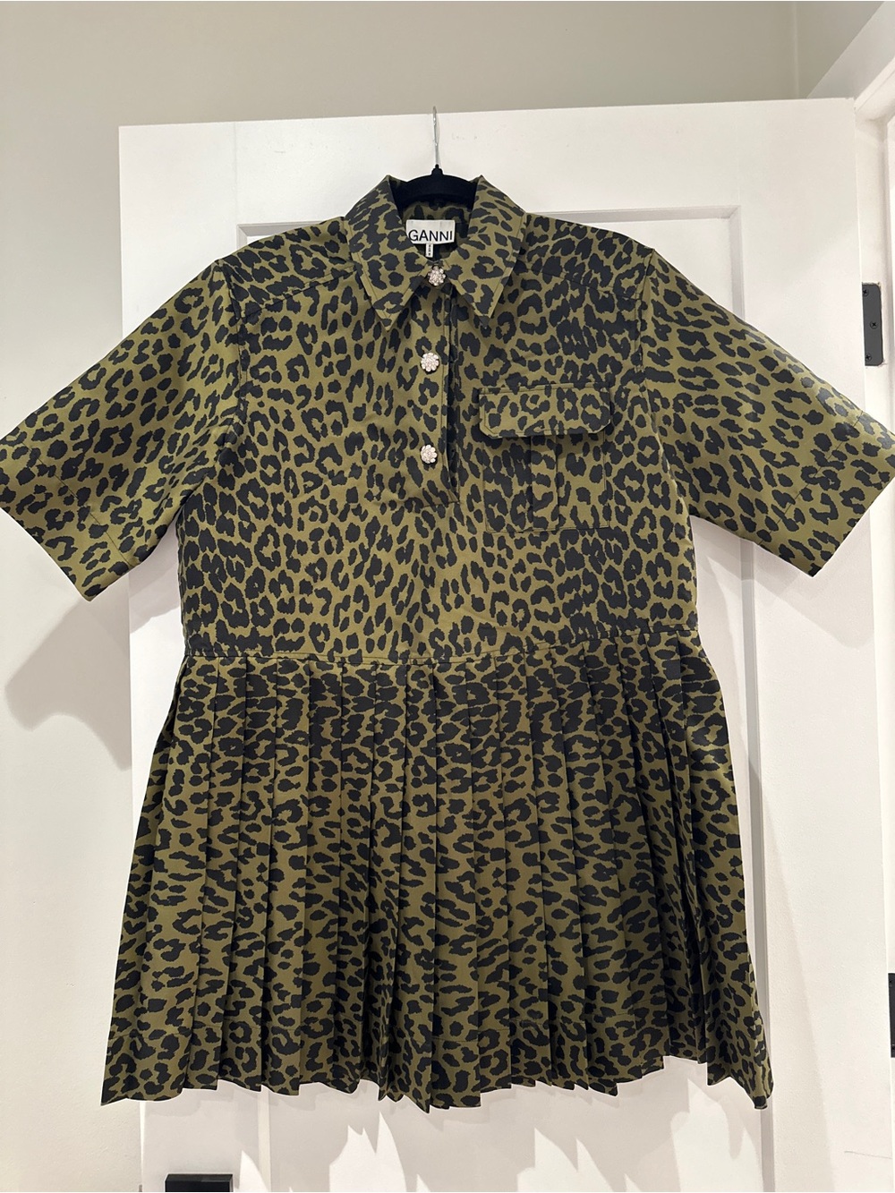 Ganni Olive and Black Leopard Print Dress with Crystal Buttons